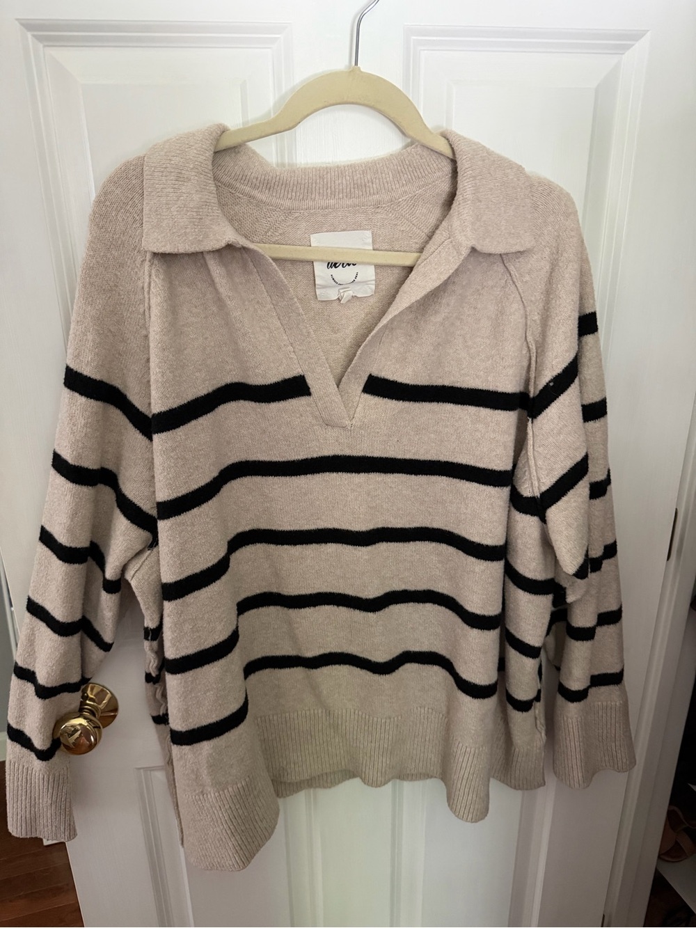aerie Beige and Black Striped V-Neck Collared Sweater